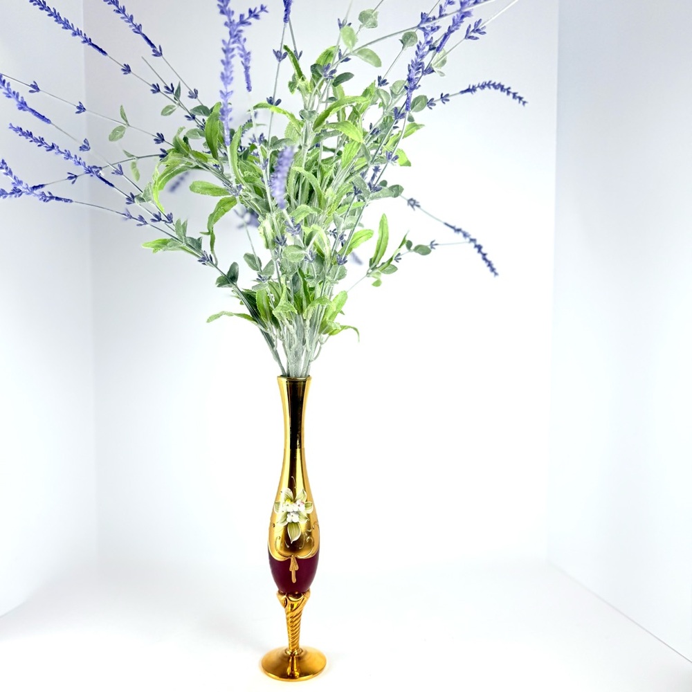 VTG Murano Venetian Ruby Glass & 24K Gold Paint 11” Hand Painted Floral Bud Vase - Picture 16 of 16